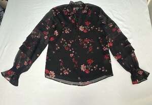 Lauren Ralph Lauren Black Floral Chiffon Blouse with Pleated Ruffle Sleeves